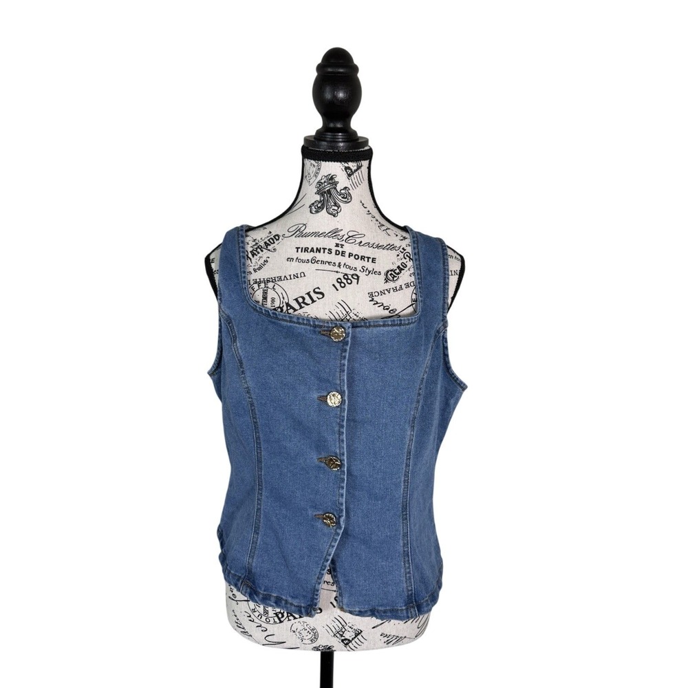 Vigoss Juniors Denim Vest Size L Blue Button Front Sleeveless Jean Top Y2K Indie - Picture 2 of 8